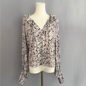 Anthropologie Pink and Black Floral Ruffle Button-Front Blouse